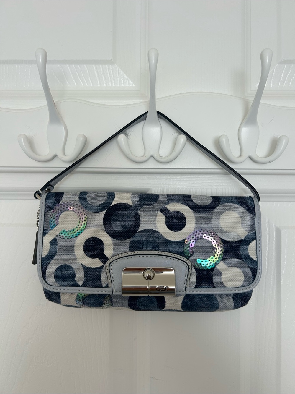 COACH Kristin Op Art C Blue Denim Wristlet w/Sequins